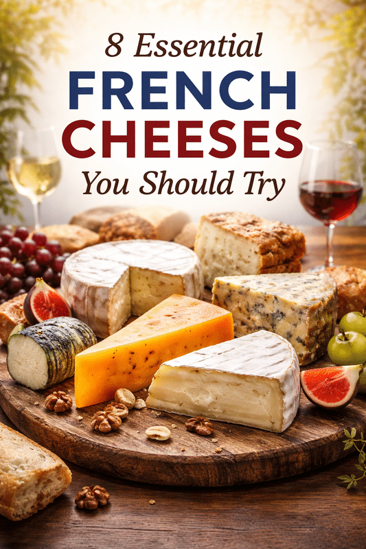 A selection of iconic French cheeses including Comté, Brie de Meaux, Roquefort, Mimolette and goat cheese on a wooden board, with wine and fruit